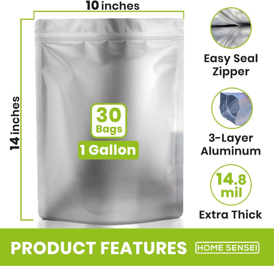 30 Mylar Bags for Food Storage 1 Gallon - Extra Thick 15 Mil - Long Term & Food Grade - Mylar Bags with Oxygen Absorbers 400cc- Zipper, Resealable, Stand-up Gousset - Bolsas Mylar con Abosrbentes