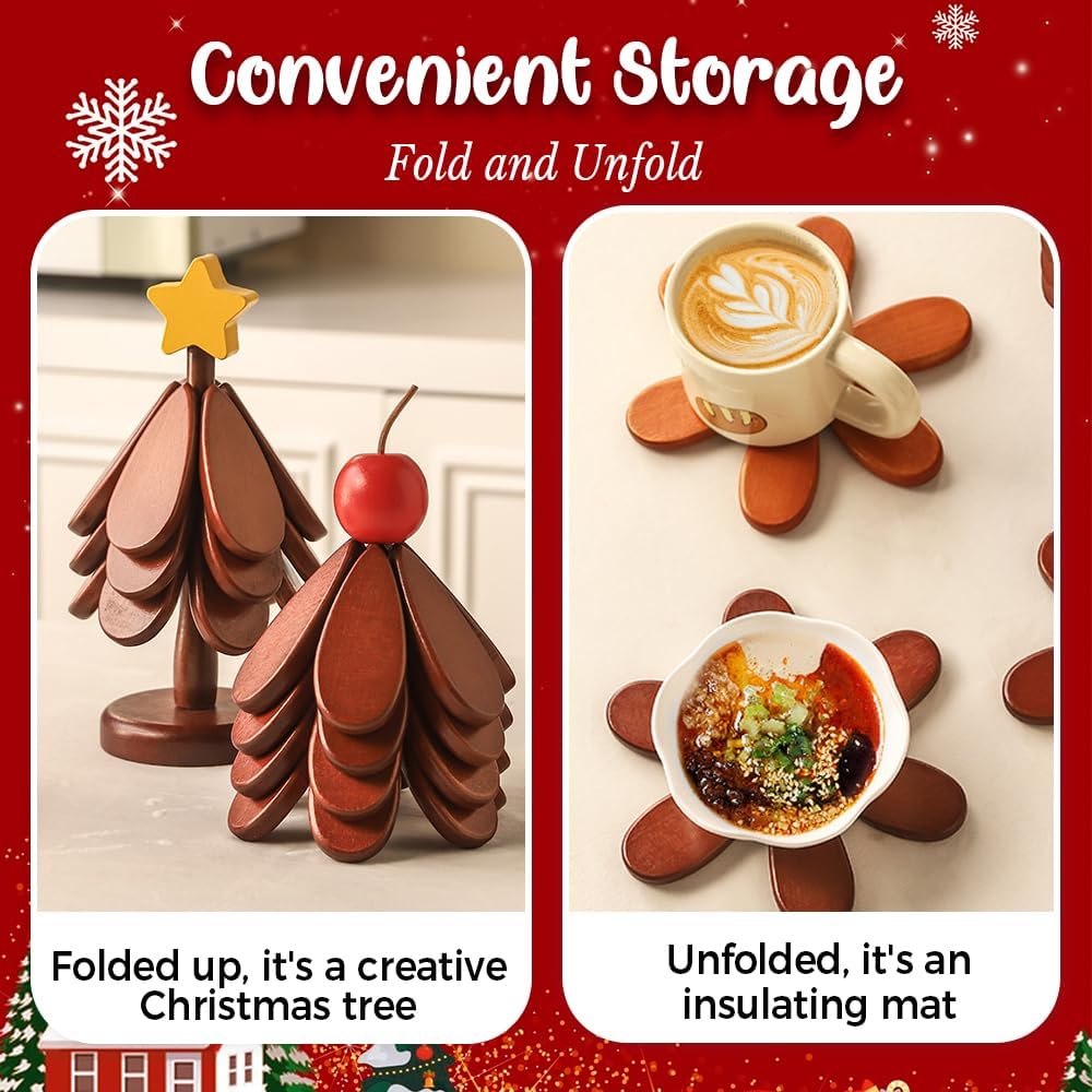 Wooden Trivets for Hot Dishes, 2026 New Handmade Wooden Christmas Tree Coasters for Bowls Teapots Drinks Plates, Home Table Decor, Tree Shape Trivet Set of 4 for Hot Pot Pans (B)
