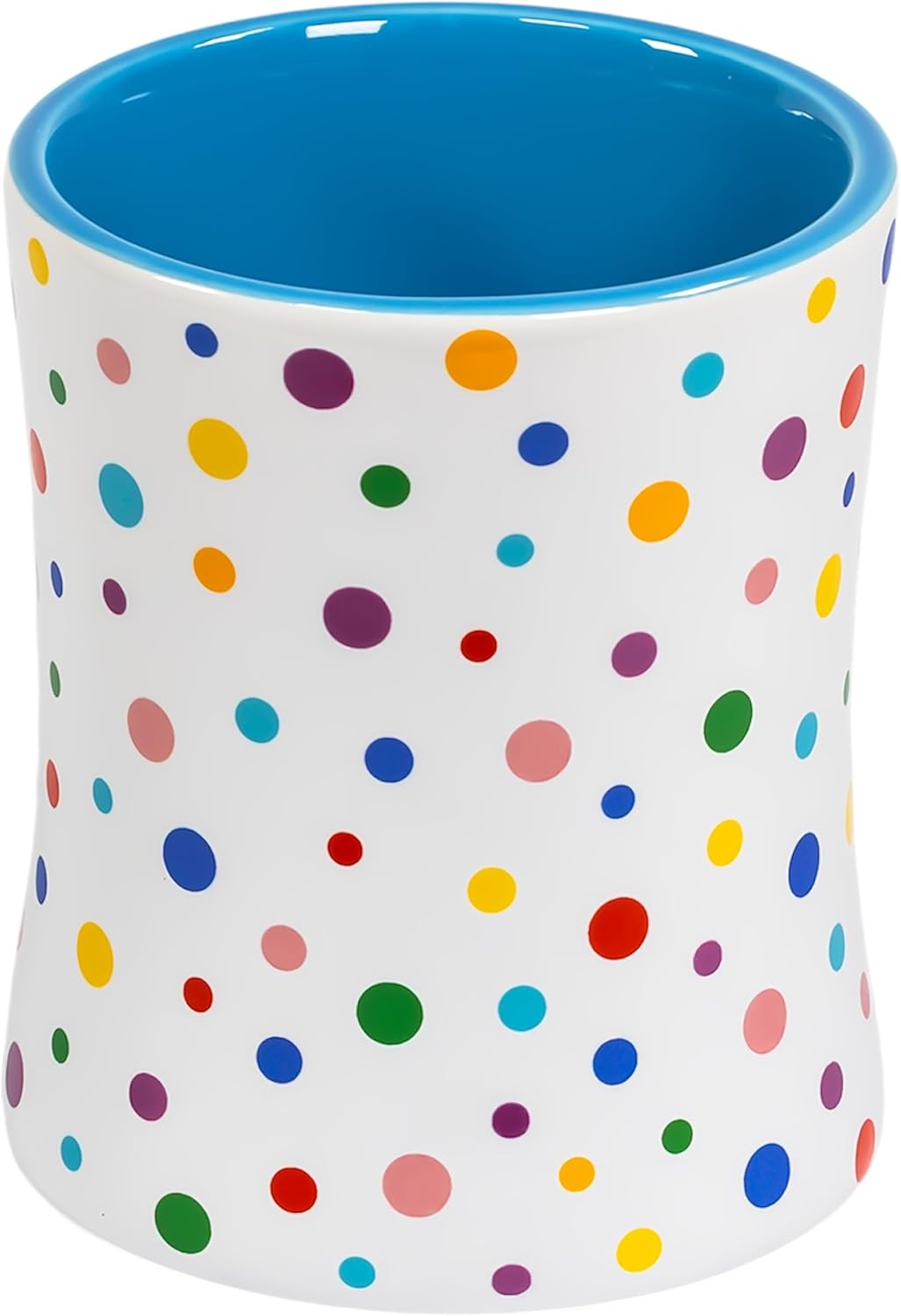 Denim Blue Cute Coffee Mug with Confetti Polka Dot Rainbow Sprinkles | Birthday Cake Coffee Cup Gift |Fun Colorful Pattern | Large White Ceramic Cup with Green, Yellow, Red, Pink, and Blue Sprinkles