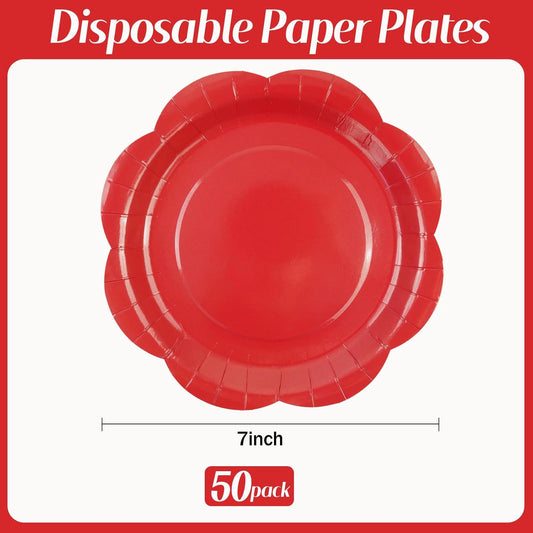 50 Pack Red Paper Plates 7 Inch, Disposable Scalloped Plates Cake Dessert Plate for Dinner Baby Shower Wedding Bridal Shower Birthday Party Supplies (Red, 7 inch)