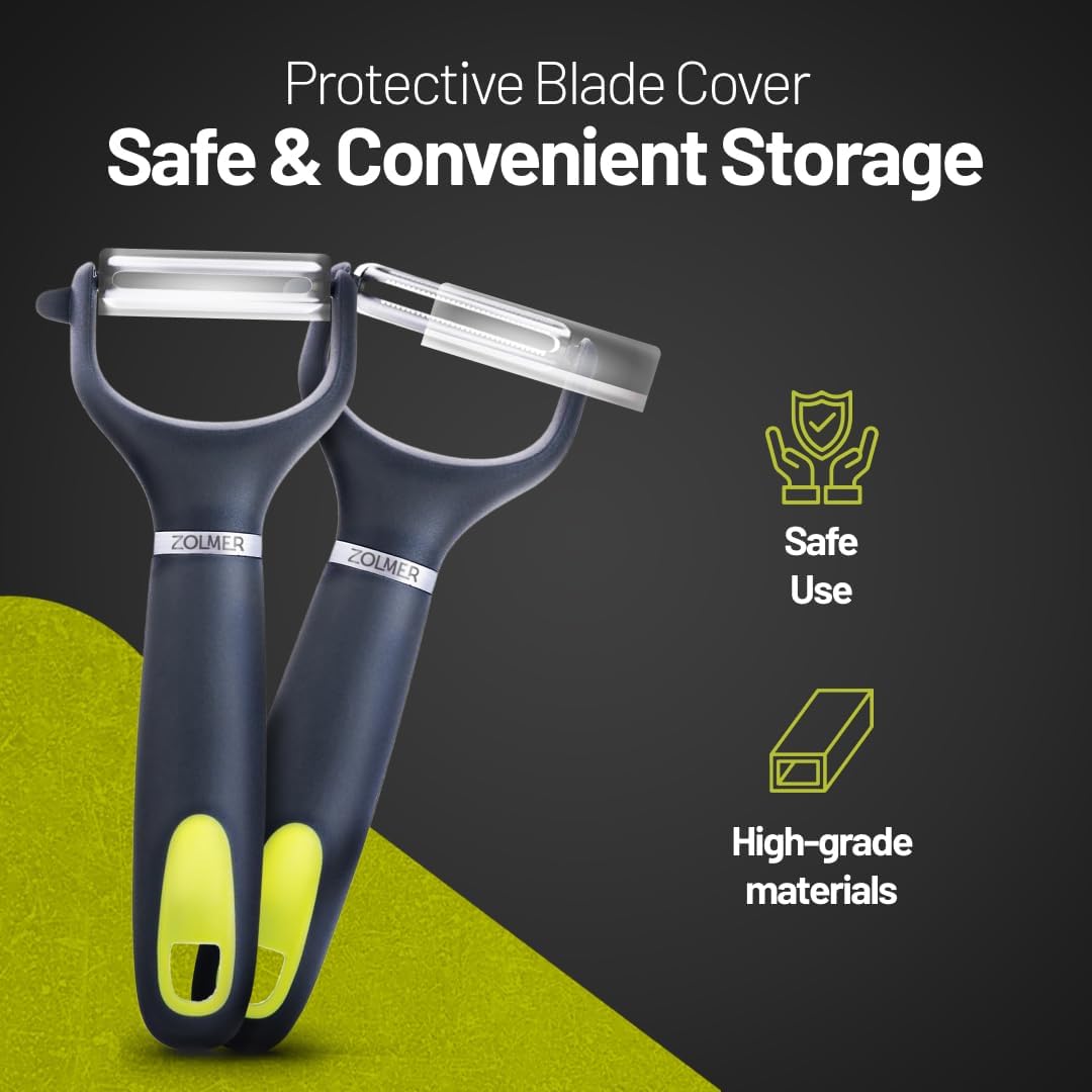 ZOLMER® Premium Y Peelers for kitchen with Smooth and Serrated Blades 2 Set - Extra Sharp Vegetable Peelers with Ergonomic Handle - Dishwasher Safe - Potato peelers, Fruit peeler and more