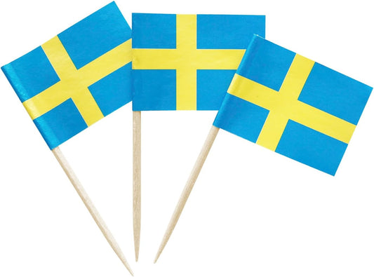 100PCS Sweden Swedish Toothpick Flags Decorations Small Cupcake Toppers Cocktail Food Flags