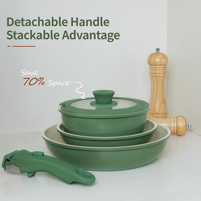 8PCS Ceramic Cookware,Nonstick Ceramic Pan, Removable Handle Pots and Pans Set, Stackable Set, Nonstick Pan Pots and Pans Set Non Stick pot (Green)
