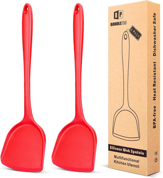 Pack of 2 Silicone Wok Spatula, Non-Stick, Heat Resistant, Easy to Clean and Dishwasher Safe, Seamless Kitchen Utensil for Cooking, Baking, Stir-Fry (Red)