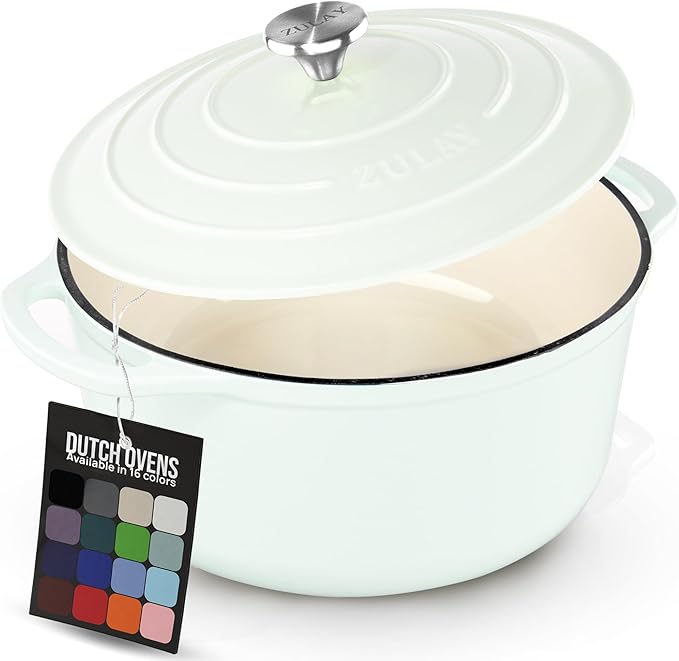Zulay Kitchen 5 Quart Enameled Cast Iron Dutch Oven Pot with Lid – Premium Durability & Oven Safe up to 500°F – Heavy Duty Cookware Perfect for Bread Baking, Stews, Braising & Roasting – White