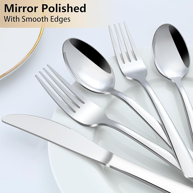 Pleafind 65-Pieces Silverware Set for 12 with 5 Serving Utensils,Stainless Steel Cutlery Set, Include Forks Spoons and Knives Set, Mirror Polished Utensil Sets for Home Restaurant,Dishwasher Safe