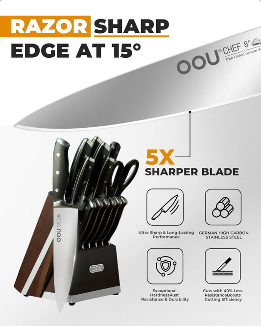 OOU 2025 Kitchen Knife Set with Block, 15-Piece German Stainless Steel Knife Blcok Set with Sharpening Rod, Ergonomic Wood Handle,Premium Razor-Sharp Knives Set for Kitchen
