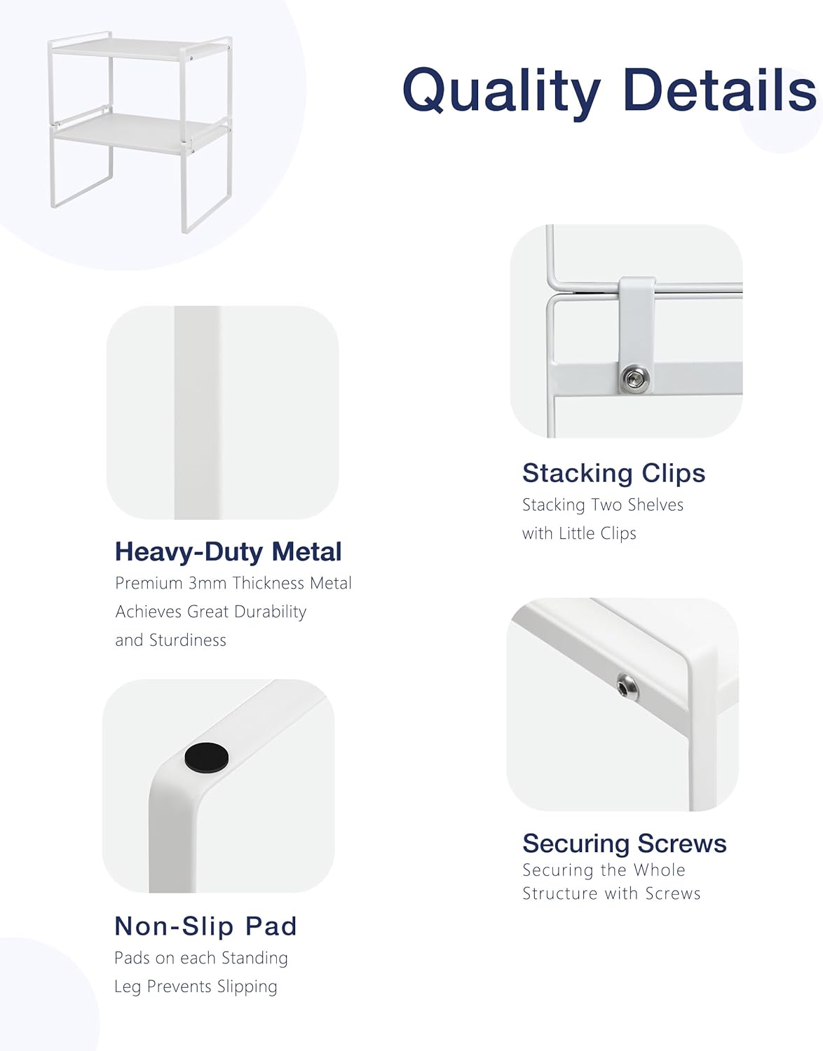 Nxconsu 2Pack Cabinet Shelves Stackable Shelf Organizer Rack Riser for Kitchen Cabinet Pantry Cupboard Counter Countertop Home Organization Storage Space Saver Heavy Duty Metal Nonslip White Wide