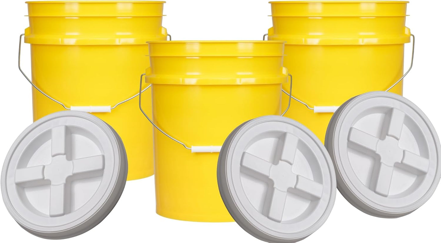 House Naturals 5 Gallon Plastic Yellow Food Grade Made in USA Bucket Pail with Double Gasket Screw on Lid (Pack of 3) (Yellow and White lids)