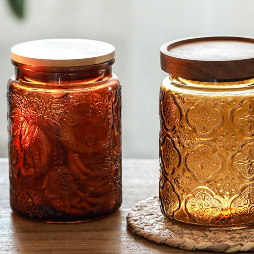 ANSQU Vintage Glass Kitchen Storage Counter Jar, Candy Jars with Lids, Coffee Container for Ground Coffee, Mason Jar Hold Coffee Beans, Tea, Sugar, Bath Salts & More, 23.7 FL OZ (Light Brown, 1Pack)
