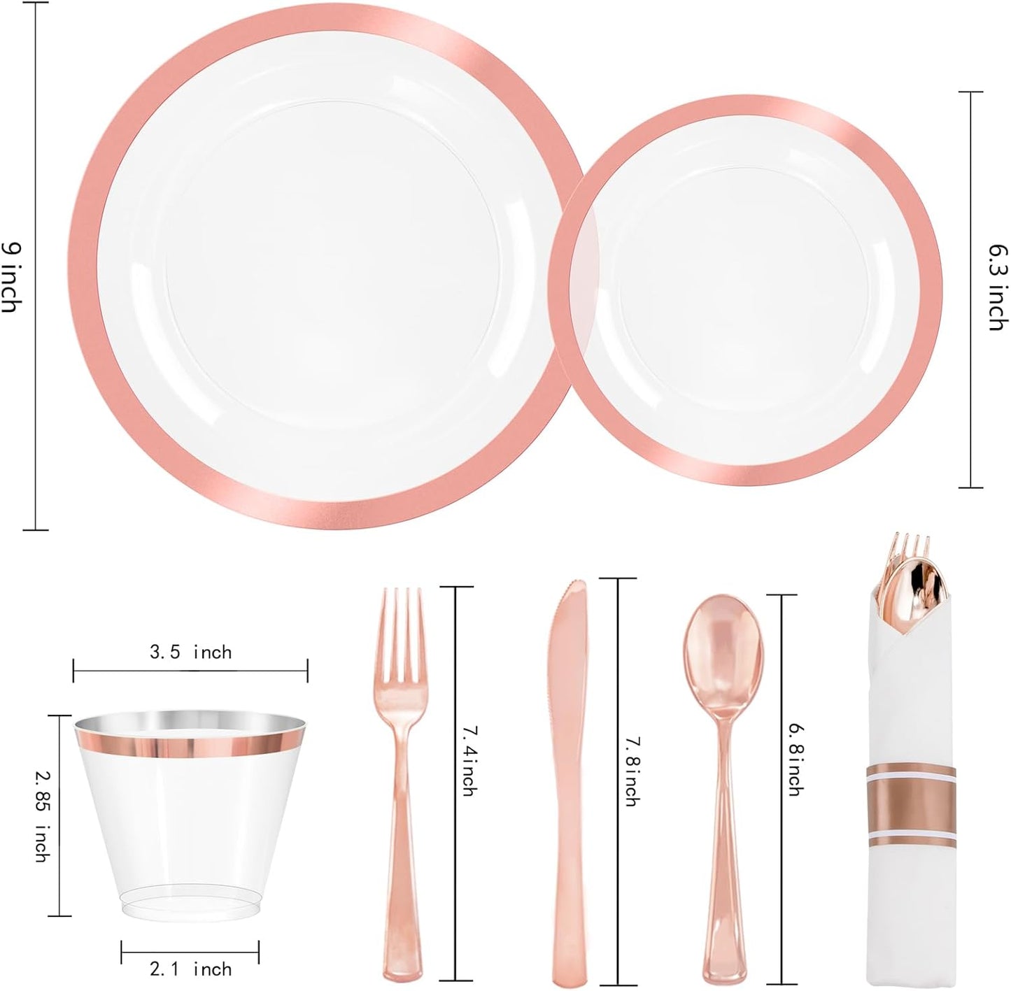 Liacere 350PCS Rose Gold Plastic Plates - Clear with Rose Gold Rim for 50Guests Dinnerware - Include 100 Plates disposable 150 PCS Silverware 50 Napkins for Wedding＆Party