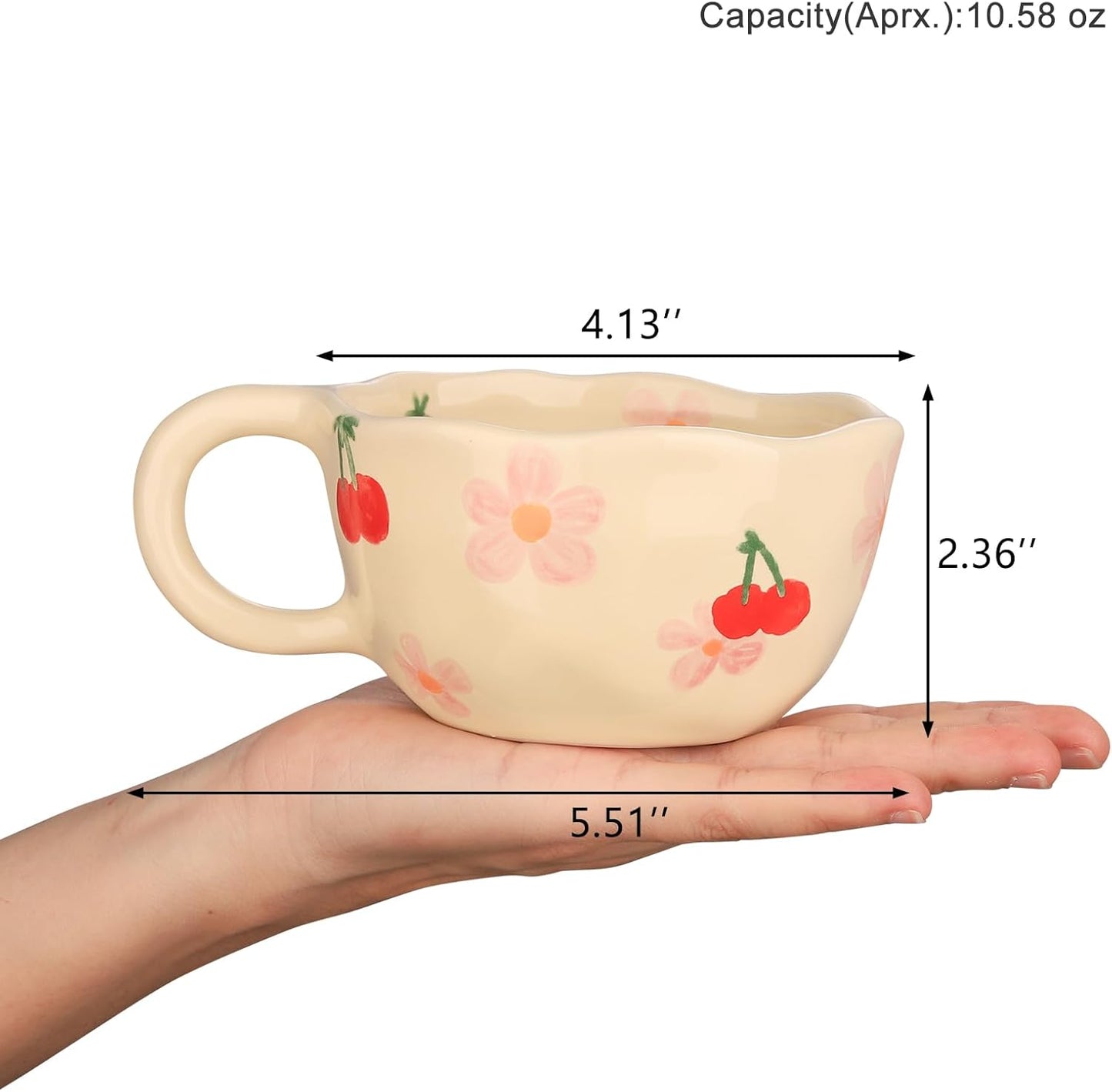 VanEnjoy Ceramic Cup, Cute Coffee Mug, Strawberry Mug, Aesthetic Coffee Mug, Retro Flower Mug, Ceramic Tea, 10oz/300ml for Tea Coffee, Milk and Oatmeal