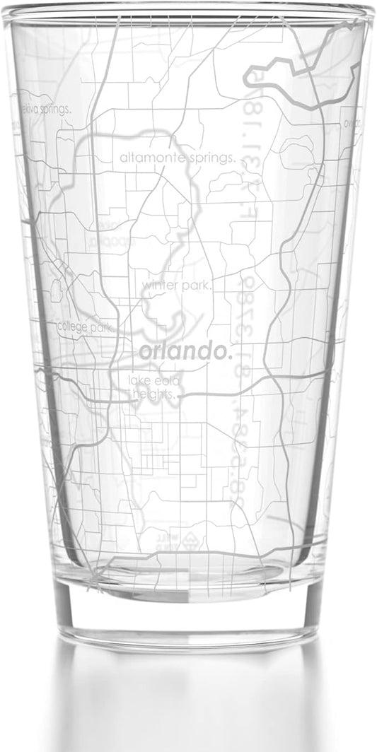Well Told Engraved Orlando Florida Map Pint Glass, Etched Beer Gift (16 oz, Clear) City Map Pint, Custom City Glassware, Gifts For Beer Lovers