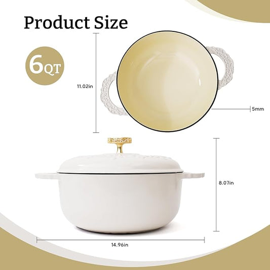 6 Quart Chip-resistant Enameled Cast Iron Dutch Oven Pot with Lid and Elegant Gold Hollow Knob With Handcrafted Inlaid Cubic Zirconia Detail, Safe For Bake,Stew, Braise, Boil, Deep Fry, Roast (White)