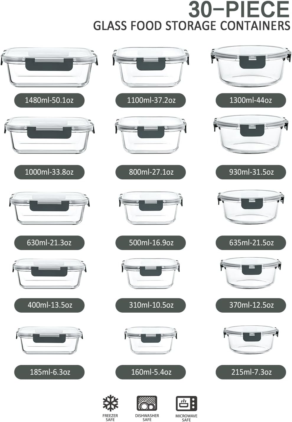 M MCIRCO 30 Pieces Glass Food Storage Containers with Snap Locking Lids,Glass Meal Prep Containers Set - Airtight Lunch Containers, Microwave, Oven, Freezer and Dishwasher