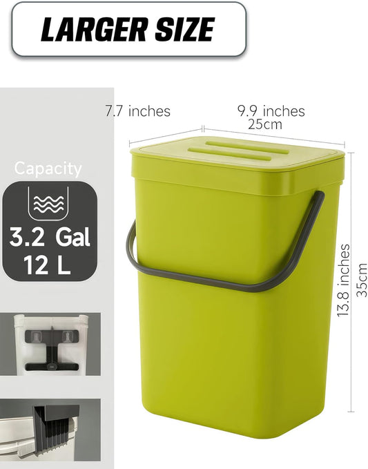 Kitchen Compost Bin - 3.2 Gallons Hanging Trash Can with Lid for Kitchen Bathroom, Under Sink Trash Can, Outdoor Compost Bucket with Lid, 12L(Lime Green)