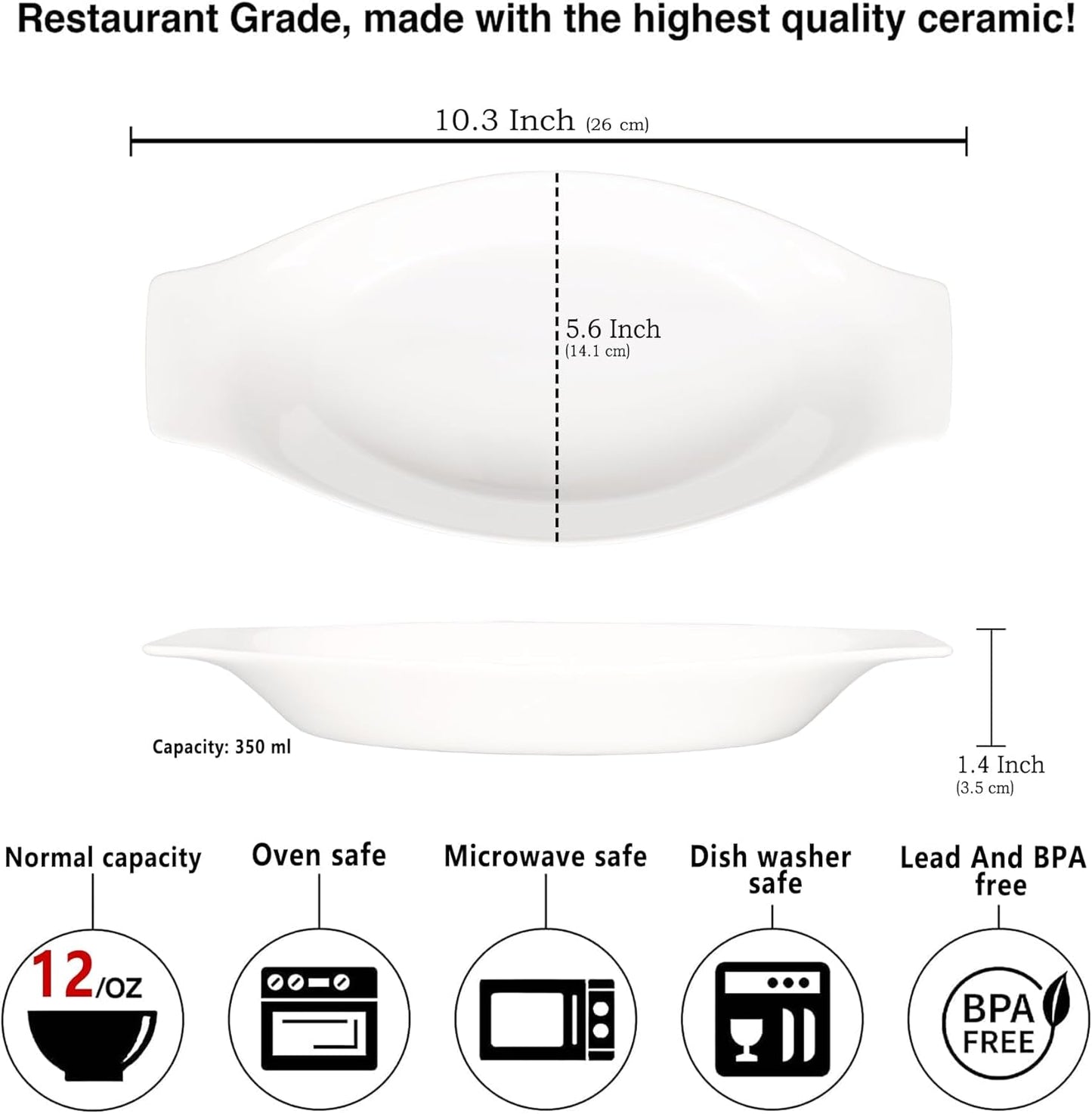 5 x 8 Inch Ceramic Oval Au Gratin Baking Dishes 12 OZ, Set of 4 Banana Split Bowls, for 1 or 2 Person Servings, Bakeware with Handle(10.3 IN) for Kitchen and Home, Oven & Microwave Safe