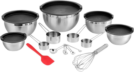 Vinod Cookware Heavy Duty Flat Bottom Stainless Steel Mixing Bowls with Lids, Measuring Cups, Measuring Spoons, Spatula & Stainless Whisk - Bowls for Meal Prep, Cooking, Mixing & Serving - Set of 5