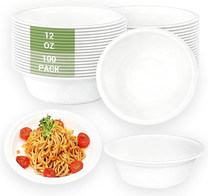 100 Pack 12oz Compostable Paper Bowls Small Disposable Soup Bowls White Natural Sugarcane Biodegradable Bowls for Ice Cream, Desserts, Salads, Pet Food