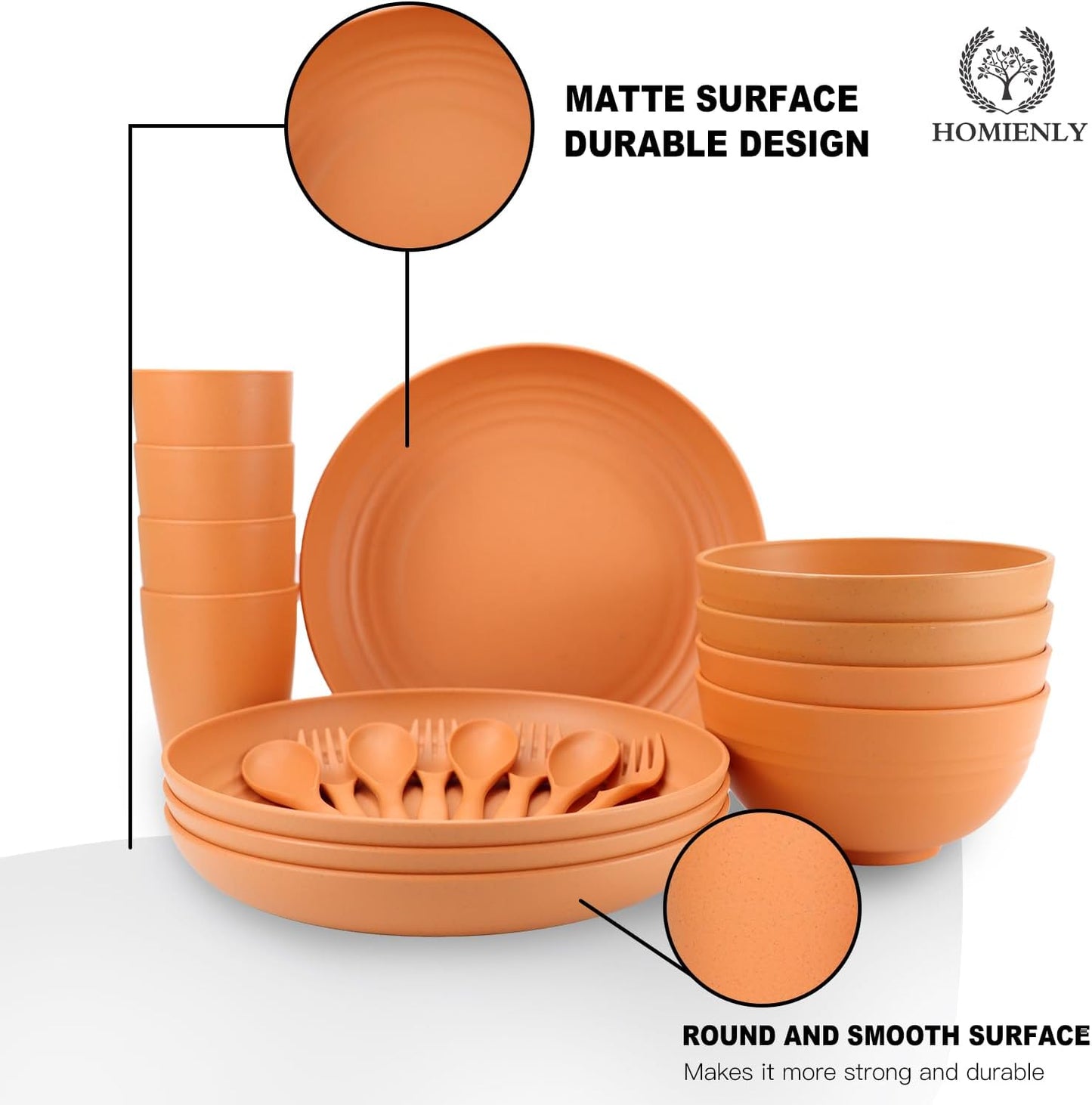 Wheat Straw Dinnerware Sets, Homienly 20pcs Unbreakable Microwave Dishwasher Safe Tableware Lightweight Bowls, Cups, Plates Set Reusable Dinner Plates Bowls set (Orange)