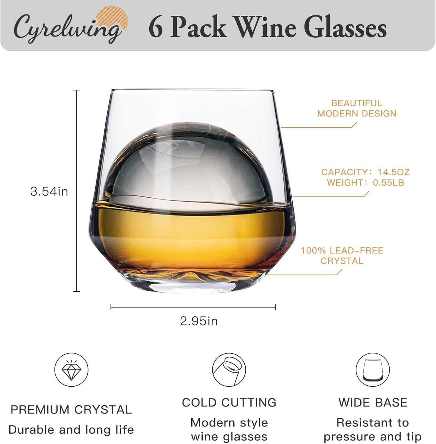 Stemless Wine Glasses Set of 6,13oz Hand Blown Water Glasses,Red Wine Glasses for Beer,Juice,Mojito,Iced Tea,Kitchen,Bar Cocktail