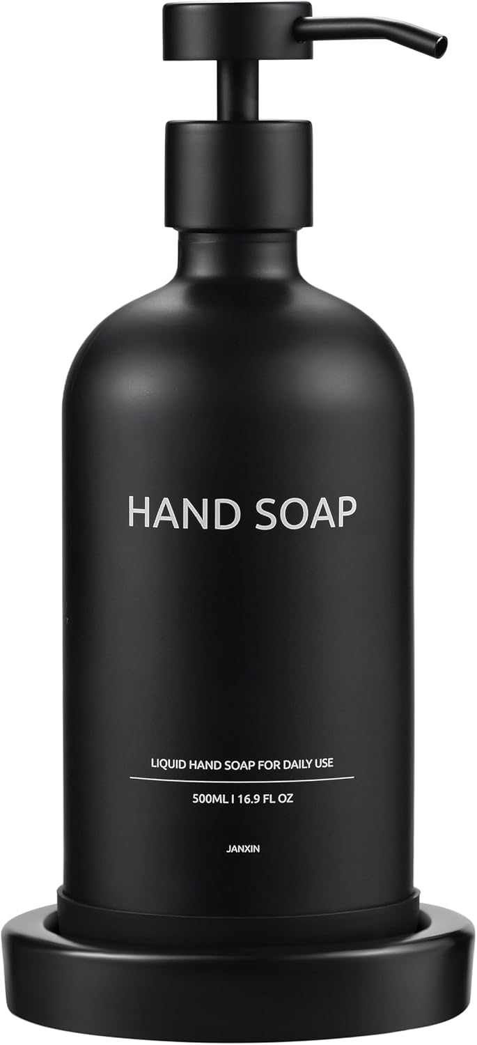 Glass Soap Dispenser Set by Janxin,Bathroom Soap Dispenser Set with Ceramic Tray,Luxury Bathroom Accessories,Modern Kitchen Decor (Black(Hand Soap))