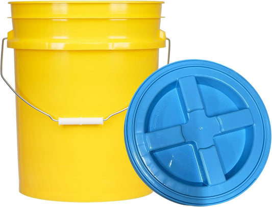 House Naturals 5 Gallon Plastic Yellow Food Grade BPA Free Made in USA Bucket Pail with Air Tight Double Gasket Screw on Lid(Pack of 3) (Yellow and Aqua lids)