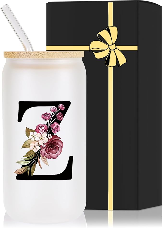 Monogrammed Glass Drinking Cup With Lid Straw Women Men Teacher Gifts Female Male Preschool Kindergarten Pre K Prek Middle High School First Year 1st 2nd 3rd 4th 5th Grade,Z