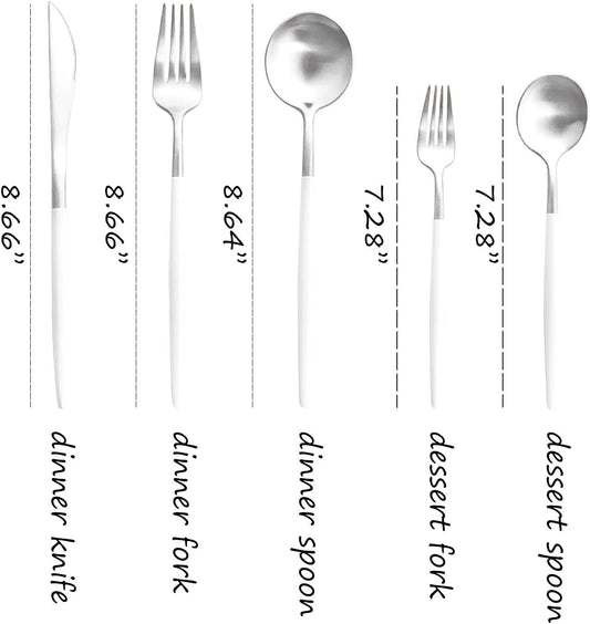 Matte Silverware Set, 20-Piece 18/10 Stainless Steel Satin Finish Flatware Set Service for 4, Kitchen Utensil Set, Tableware Cutlery Set for Home Restaurant (White Handle Silver, 20-Piece)