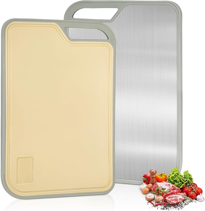 Stainless Steel Cutting Borad,Stainless Steel and Wheat Straw pp Double Sided Food Grade Cutting Boards for Kitchen,Easy to Clean 13.4 X 9 inch,Dishwasher Safe