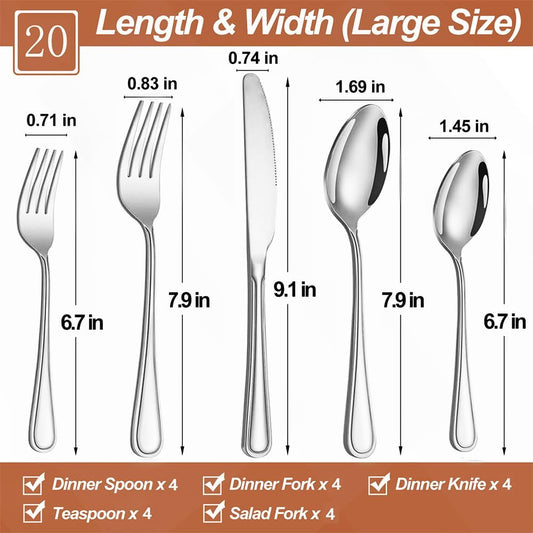 20 Pcs Silverware Set for 4 with Simple Striped Handle Design, Food Grade Stainless Steel Flatware Set, Eating Utensils Sets Include Fork/Knife/Spoon, Reusable Cutlery Set, Dishwasher Safe