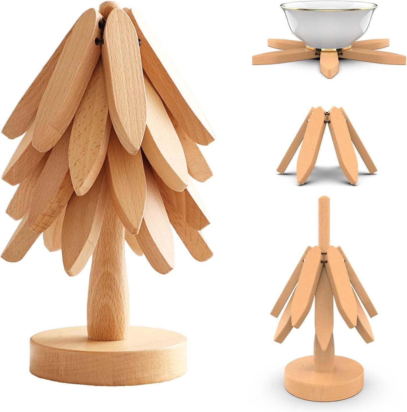 Wooden Trivets for Hot Dishes,Tree Shape Trivet Set, 4 Wooden Trivets+1 Stand, Natural Foldable Kitchen Wooden Trivet for Hot Dishes、Pot、Bowl、Teapot、Hot Pot Holders (Beech Wood)