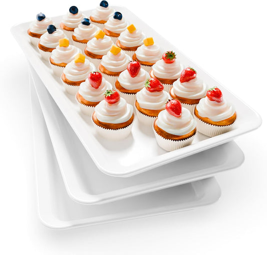 Extra Large Serving Tray Melamine Plastic for Party Supplies, 17" x 8.6" Platters for Serving Food, 3 pcs White Reusable Tray for Veggie, Snack, Fruit, Cookies, Desserts in Kitchen/Pantry Organization