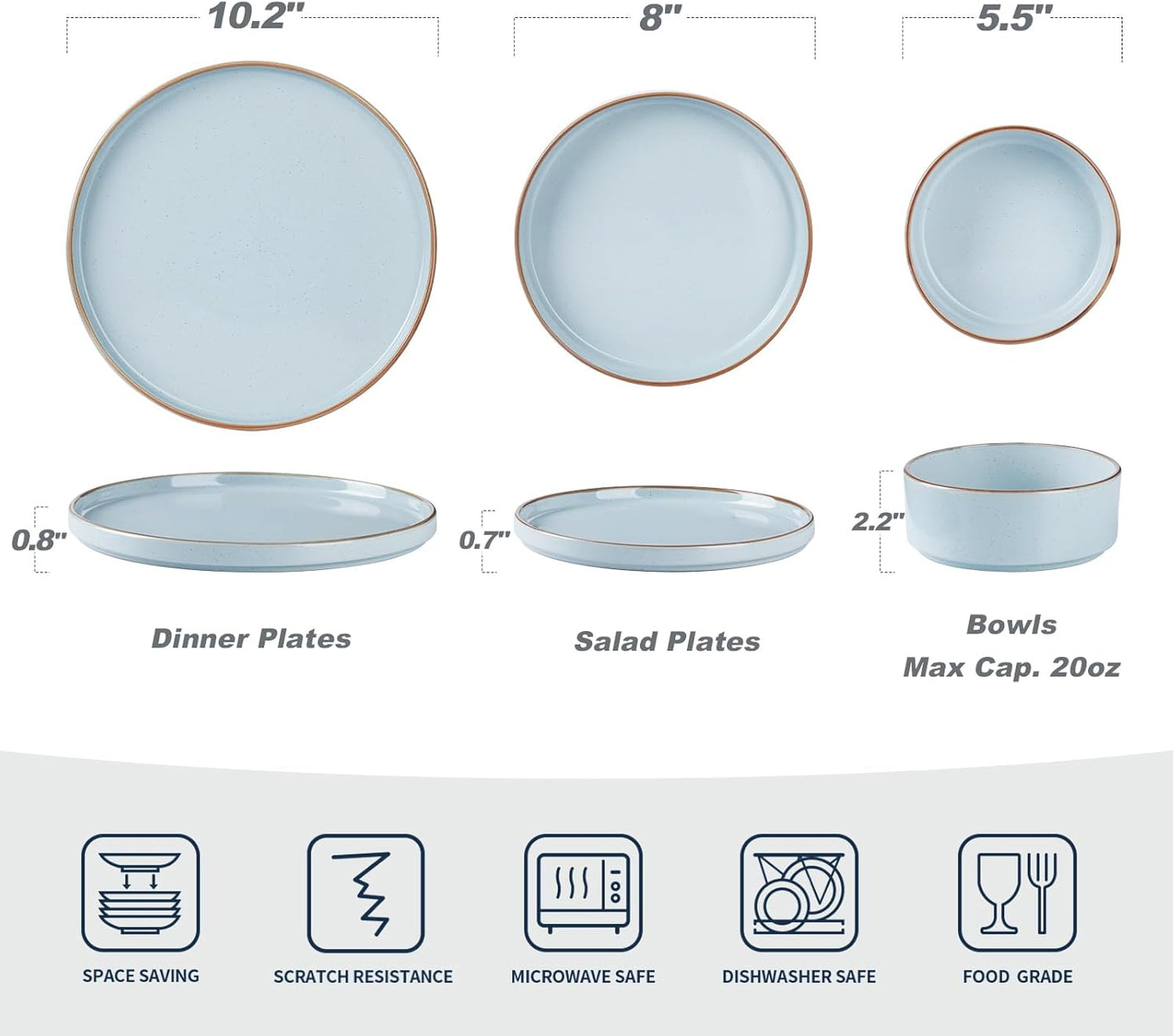 Famiware Nebula Plates and Bowls Sets for 4, 12 Pieces Stoneware Dinnerware Set, Microwave and Dishwasher Safe Dishes Set, Light Blue with Brown Rim
