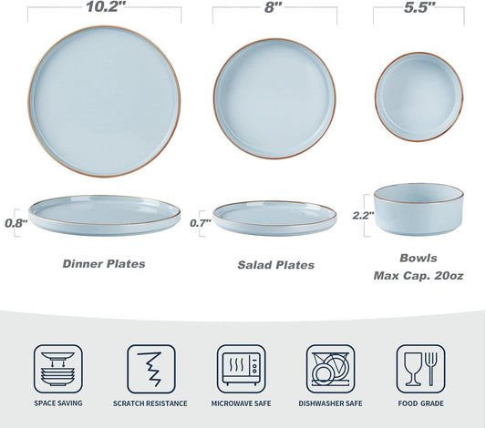 Famiware Nebula Plates and Bowls Sets for 4, 12 Pieces Stoneware Dinnerware Set, Microwave and Dishwasher Safe Dishes Set, Light Blue with Brown Rim