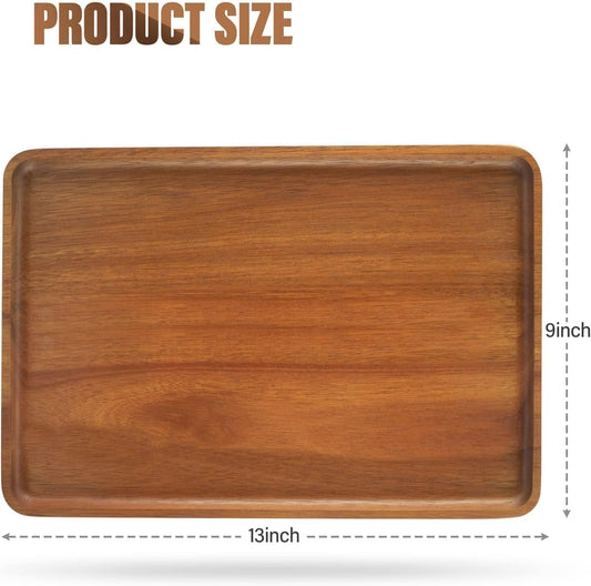 1 pcs 13"x 9" Solid Acacia Wood Serving Tray Rectangular Wooden Serving Platter Natural Wooden Board for Bar Coffee Party