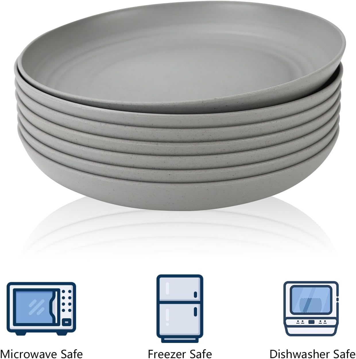 Homienly Deep Dinner Plates Set of 8 Alternative for Plastic Plates Microwave and Dishwasher Safe Wheat Straw Plates for Kitchen Unbreakable and Lightweight Round Plate Set (Grey,9 inch)