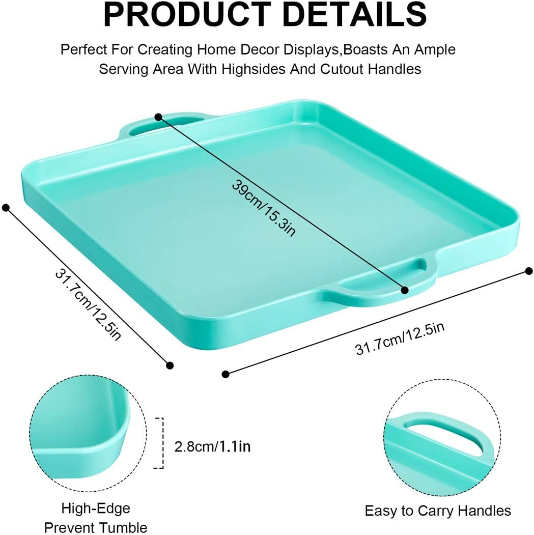 Square Serving Trays with Handles Melamine Turquoise 12.5x12.5 Inch Spill Proof Kitchen Eating Trays Set of 2 for Cafeteria Cafe Food Appeizer Dessert Snack Dinner Lunch Breakfast,TR13-02