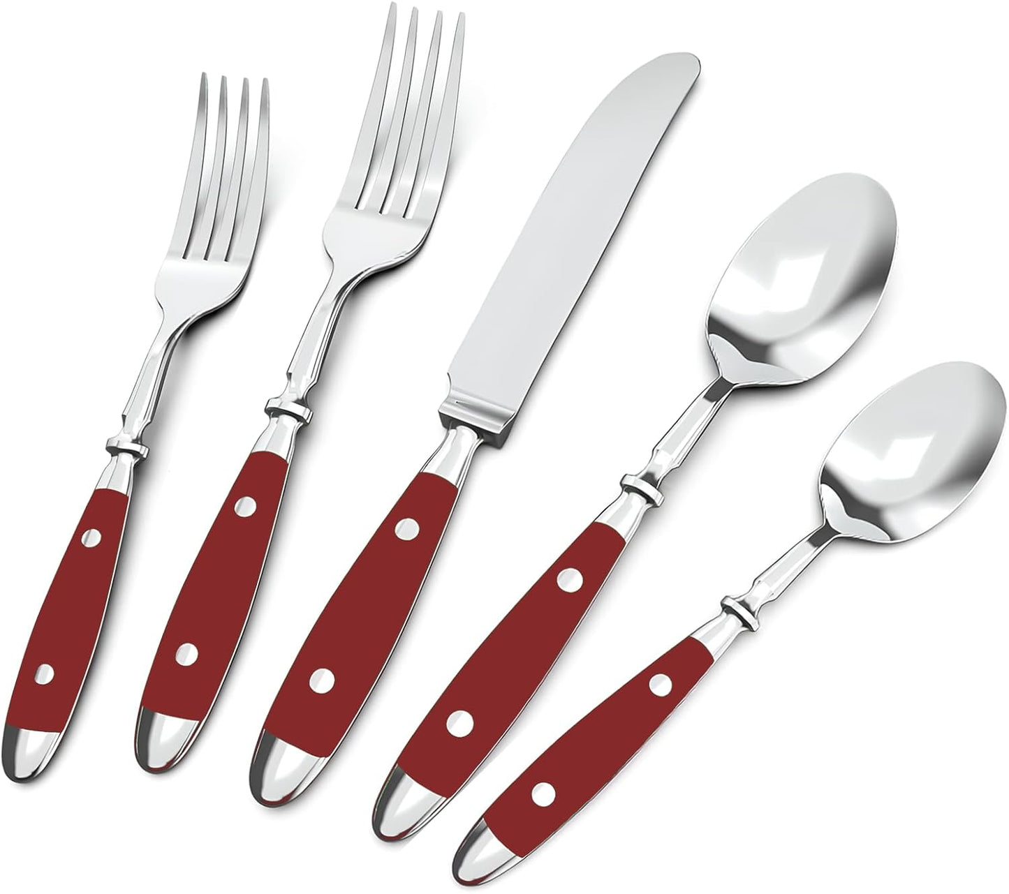 Retro 20-Piece Silverware Set, 304 Riveted Stainless Steel Flatware Set, Vintage Cutlerywith Red Bakelite Handle, Dishwasher Safe| Service for 4