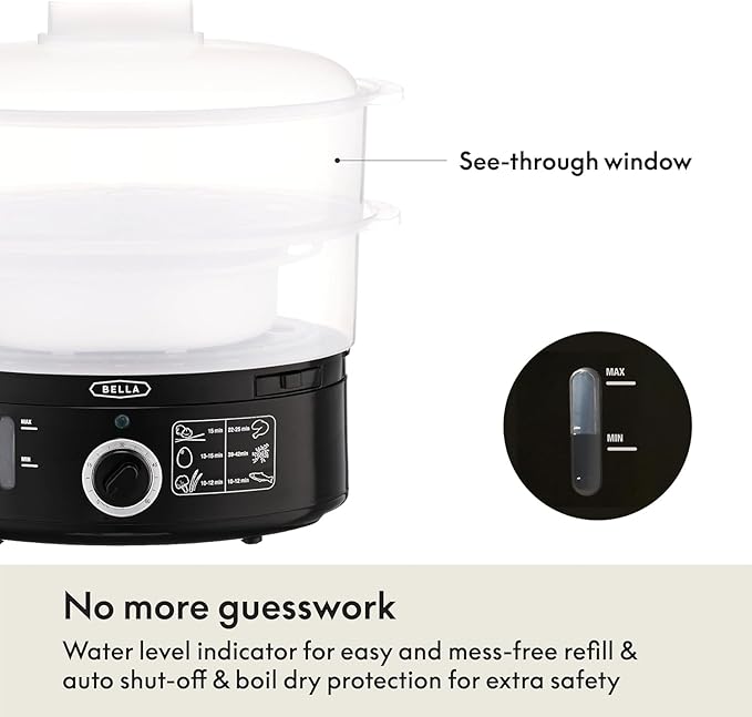 BELLA Two Tier Food Steamer with Dishwasher Safe Lids and Stackable Baskets & Removable Base for Fast Simultaneous Cooking - Auto Shutoff & Boil Dry Protection, Stainless Steel, 7.4 QT, Black