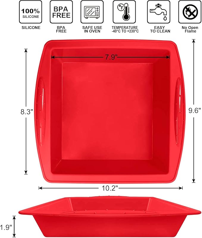 Walfos Silicone Square Cake Pan, 8 inch, Red, BPA Free, Non-Stick, Heat Resistant, Easy to Clean and Store, Ideal for Brownies, Cakes, Bread, Pie, Lasagna, and More