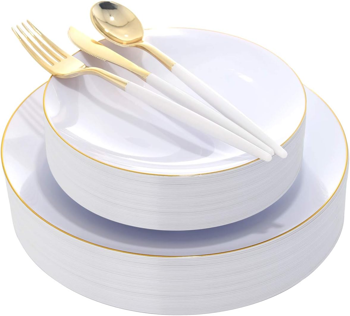 DaYammi 30 Guests Gold Plastic Plates with Disposable Silverware,Gold Cutlery with White Handle,White Golden Disposable Dinnerware:60 Dinner/Dessert Plates,90 Plastic Silverware Set for Wedding Party