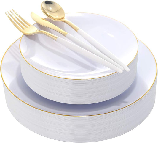 DaYammi 30 Guests Gold Plastic Plates with Disposable Silverware,Gold Cutlery with White Handle,White Golden Disposable Dinnerware:60 Dinner/Dessert Plates,90 Plastic Silverware Set for Wedding Party