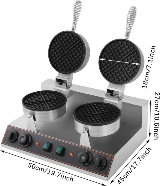 2400W Commercial Double Waffle Maker, Electric Waffle Maker Non-Stick Stainless Steel Belgian Waffle Iron w/Time & Temper Adjustable, Large Waffle Machine for Restaurant Party Food Stall