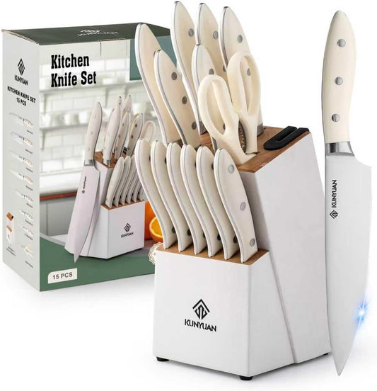 KUNYUAN Kitchen Knife Set, 15-Piece Knife Set with Self-Sharpening Block, Dishwasher Safe, 6 Steak Knives, Anti-Slip Handle, White