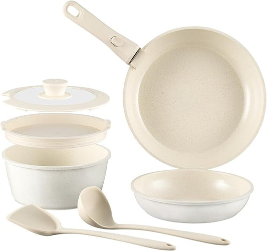 8Pcs Pots and Pans Set Nonstick Ceramic Cookware Set Removable Handle Induction Kitchen Cooking Set with Frying Pans and Sauce Pan, Cream White