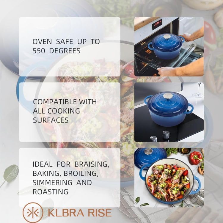 Cast Iron Dutch Oven Pot with Lid – Deep Cooking Pot for Bread, Stews, Casseroles – Oven Safe Cookware, Kitchen Essential & Wedding Gift – Compatible with All Heat Sources (Blue)