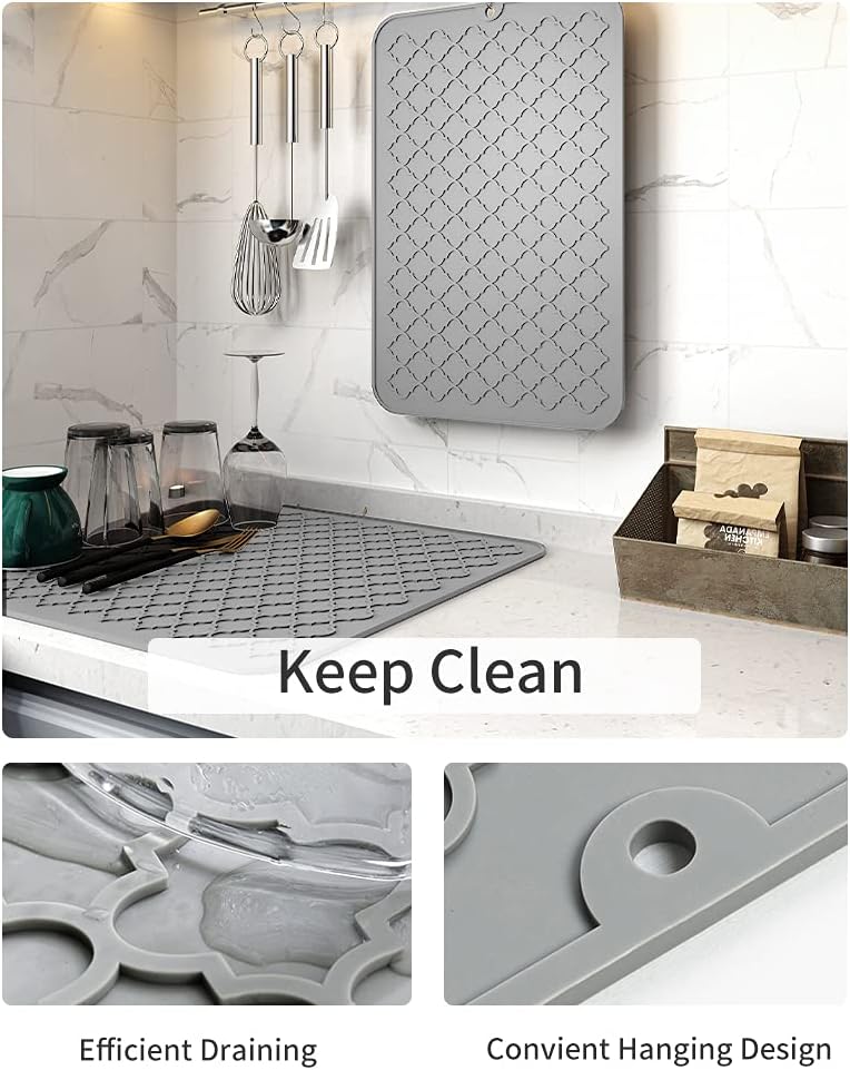 AMOAMI Dish Drying Mat,Heat-resistant,Easy Clean,Silicone Dish Drying Mats for kitchen Counter,Kitchen Gadgets Kitchen Accessories Kitchen Small Appliances (16" x 18" GREY)