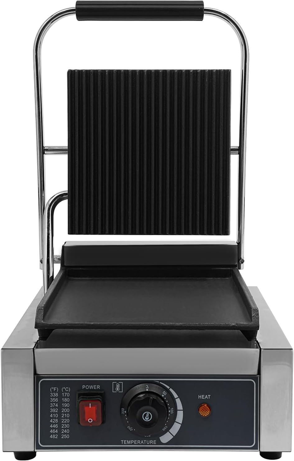 1800W Electric Sandwich Panini Press Grill, 110V Commercial Panini Press Sandwich Maker Machine 122°F-572°F Double-sided Heating Non-Stick Half Grooved Plates for Paninis Hamburgers Steaks Bacons