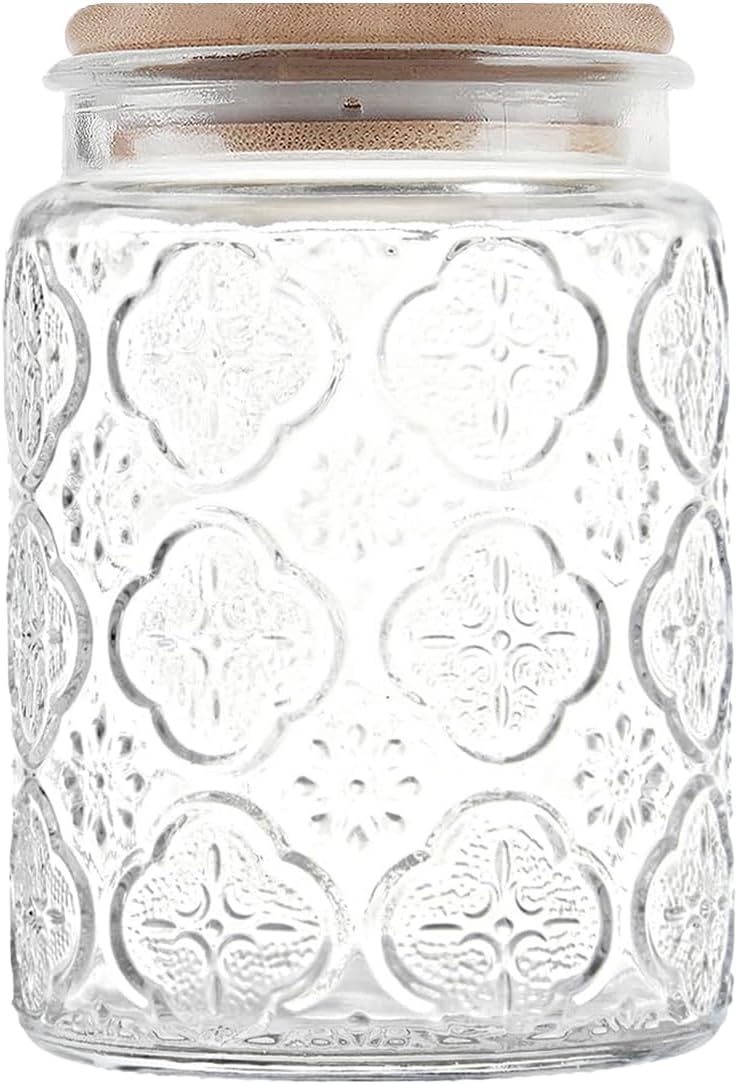 Glass Storage Jars With Airtight Lid, 23.7oz Canister For Kitchen Counter with Bamboo Lid, brown sugar, candy, coffee, cookie, salt, tea,pantry cute Jar (Begonia Flowers*1)